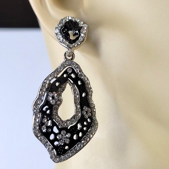 Silver and Black Rhinestone Earrings - Picture 2 of 10